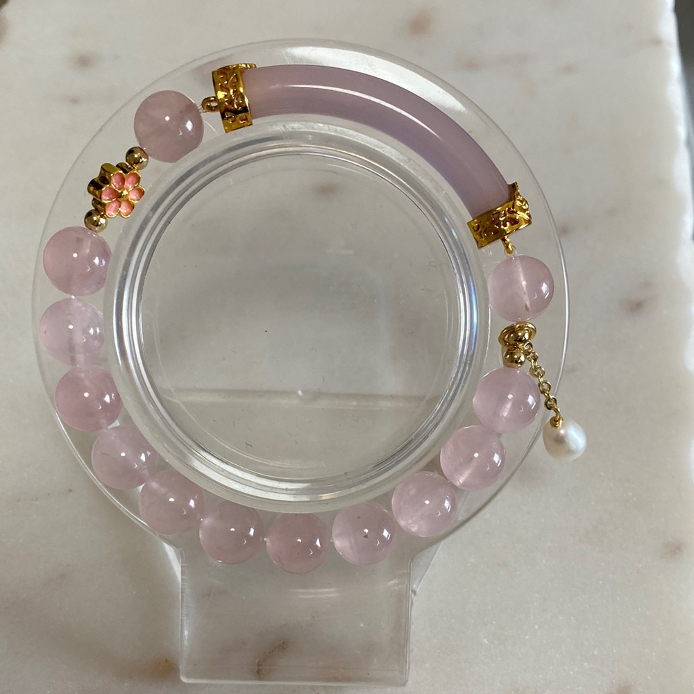 Natural Pink Agate Half Bangle Bracelet with Rose Quartz Beads